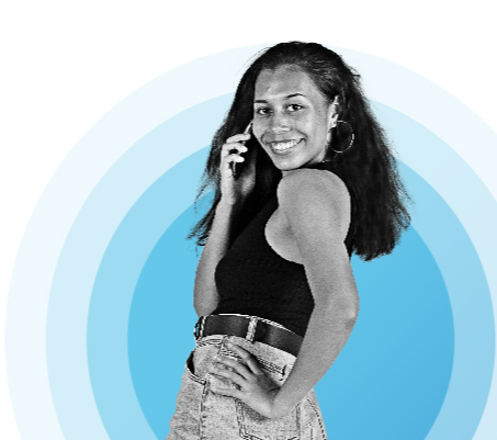 Woman on a phone call smiling, with Bip logo in background