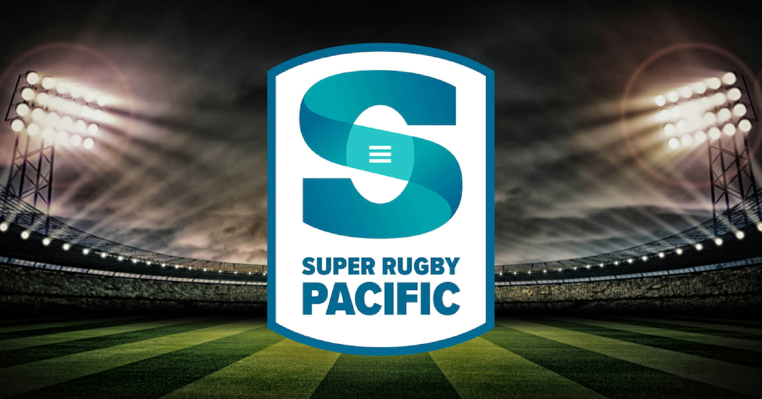 The Super Rugby logo, with the text "Super Rugby Pacific", and a rugby field in the background