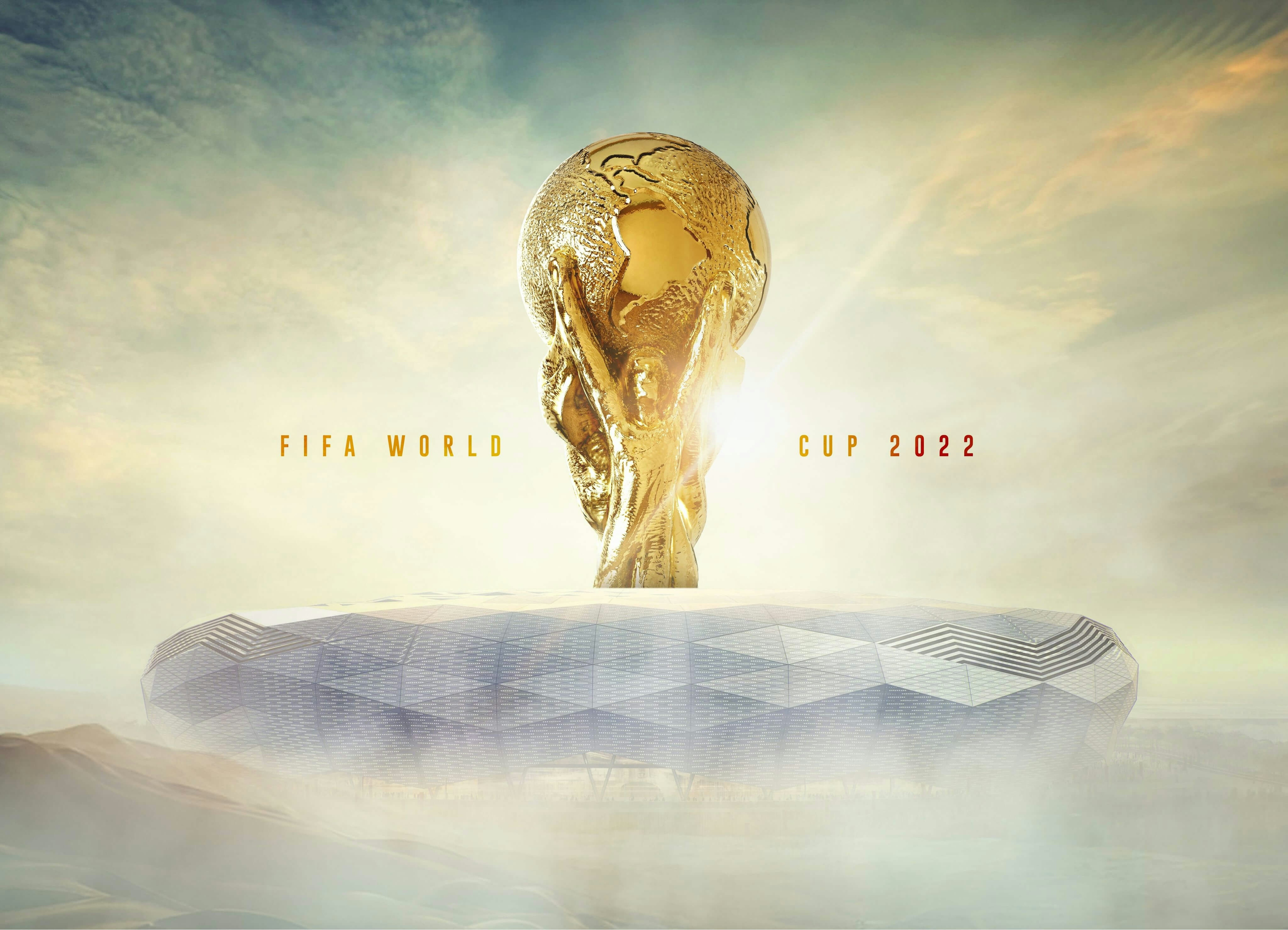 The FIFA world cup trophy, with the text "FIFA WORLD CUP 2022"