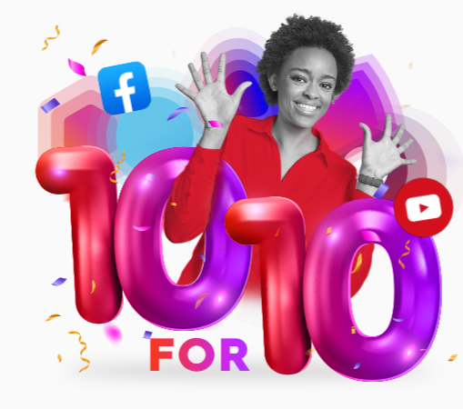 A woman smiling holding up her hands, with colourful text "10 for 10"