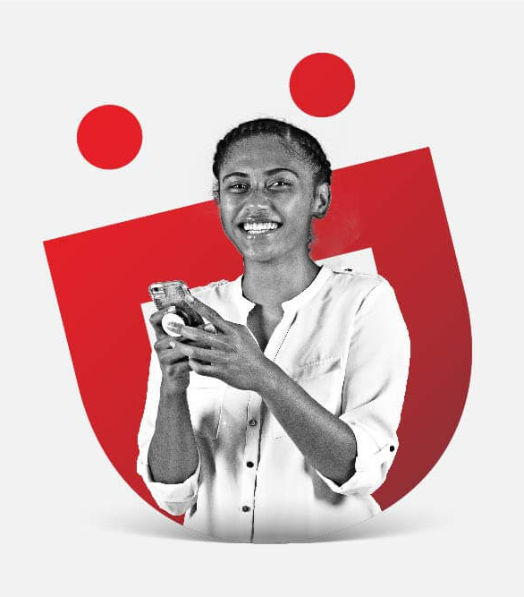 Woman holding a phone smiling, with Digicel logo in background