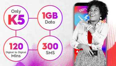 Woman smiling and pointing, with text "Only K5, 1GB Data, 120 Digicel to Digicel Mins, 300 SMS"