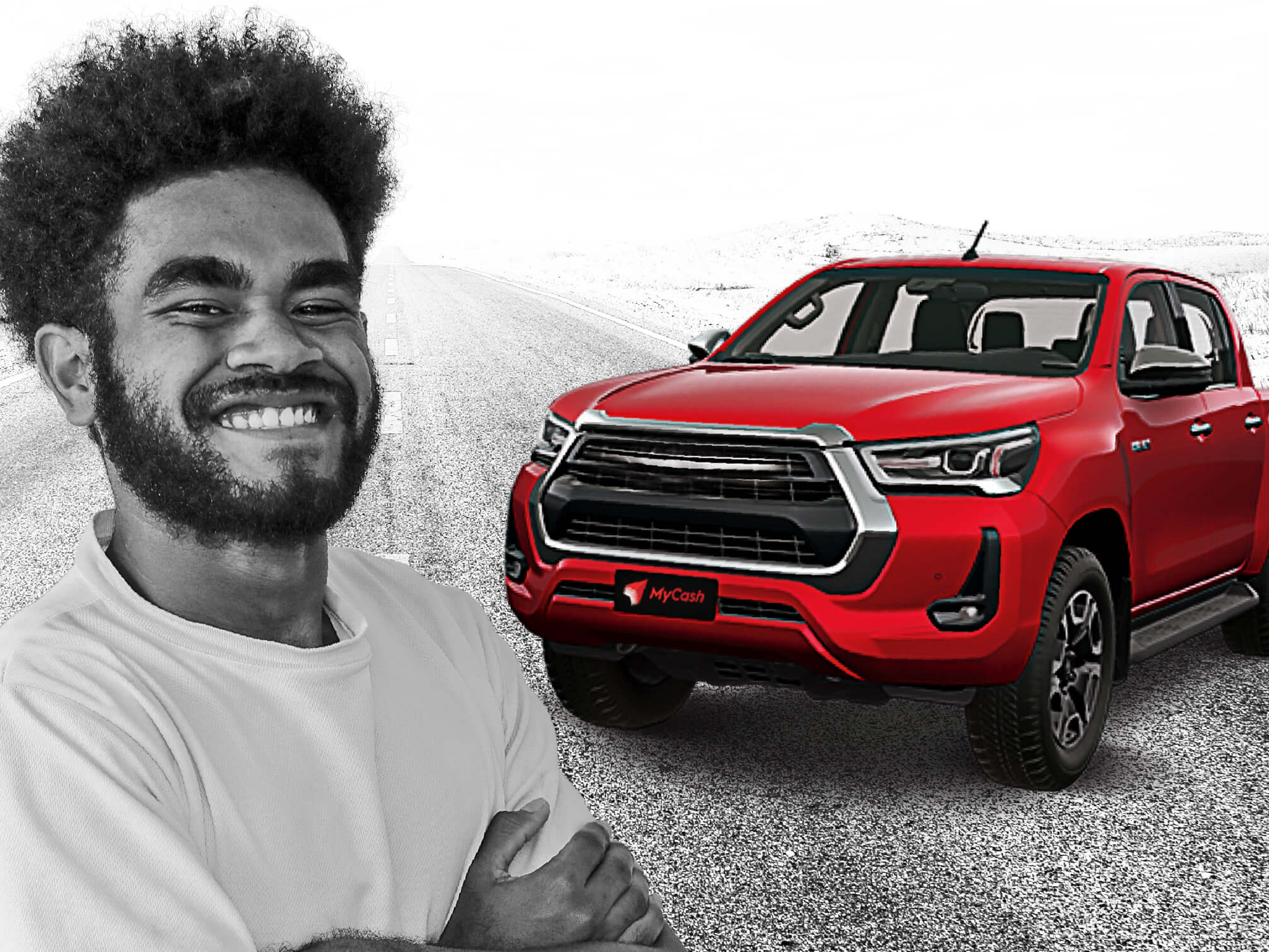 A man smiling on the left, with a red SUV on the right
