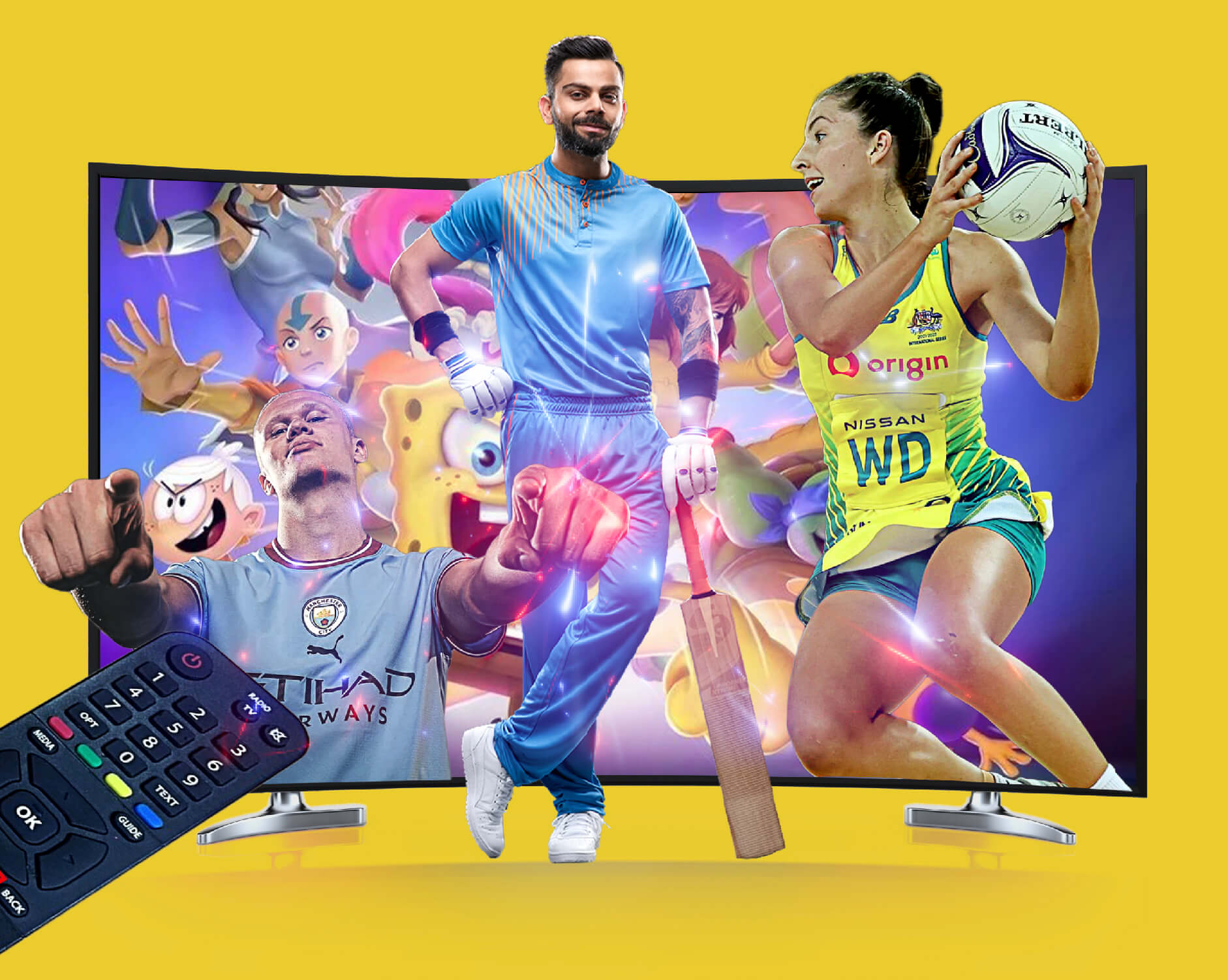 A TV and remote, with sports stars and cartoon characters on it