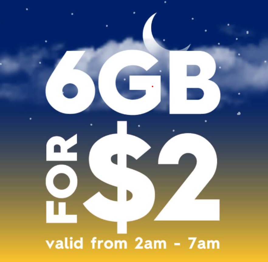 A starry background, with the text "6GB for $2. Valid from 2am-7am"