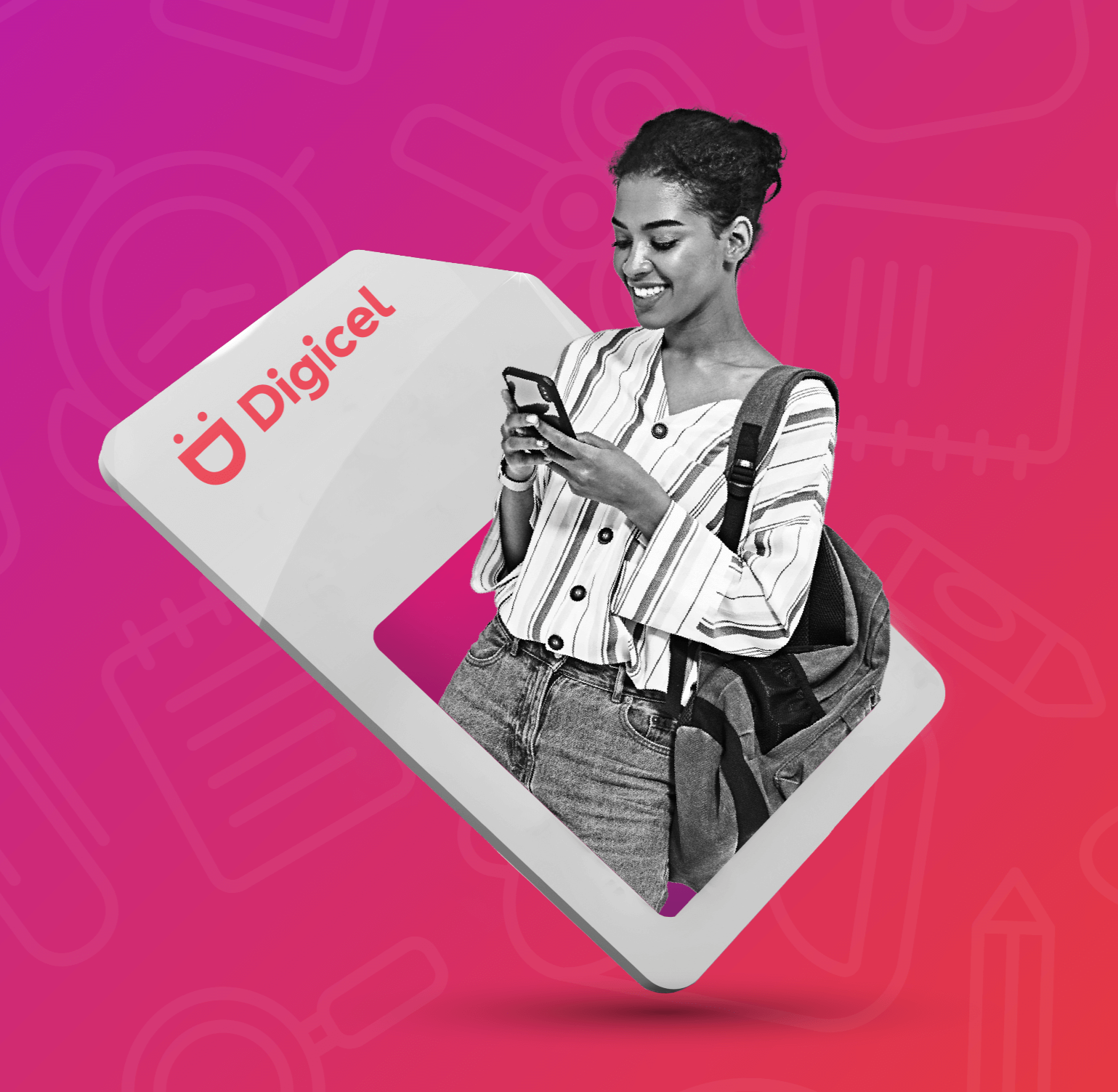 A student wearing a backpack and holding a mobile phone, next to a Digicel SIM card